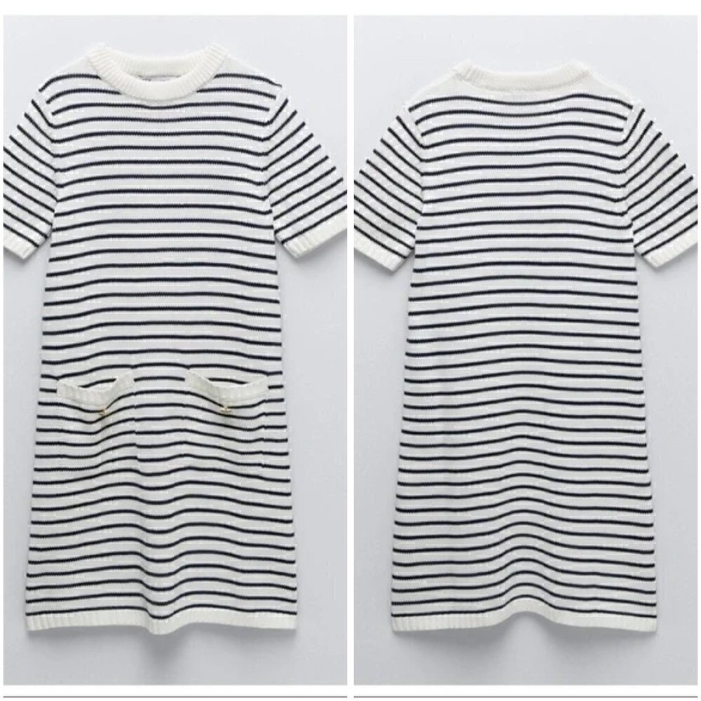 Zara White and Black Striped Knit Sweater Dress Size S NWOT - Picture 2 of 9